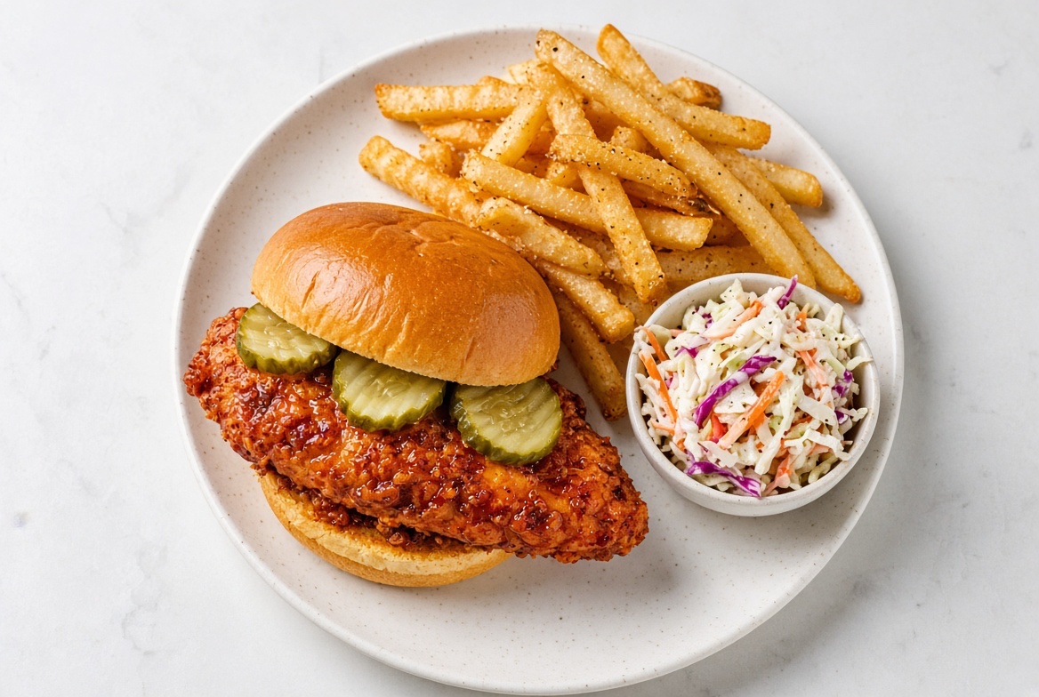 Helen’s hot chicken sandwich with fries and coleslaw